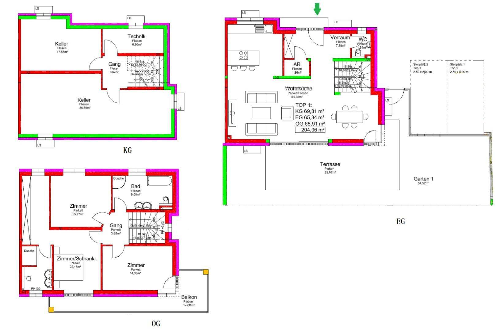 Detaillierter Grundriss mit Keller, Erdgeschoss und Obergeschoss, inklusive Terrasse und Balkon.