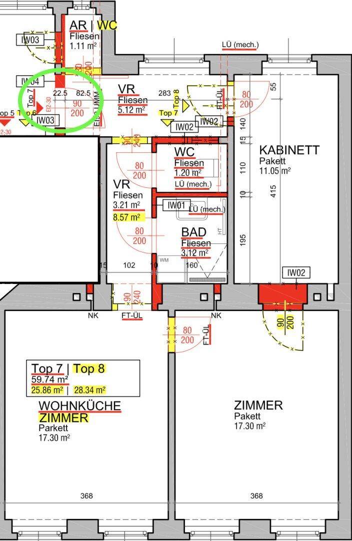 Detaillierter Grundriss mit mehreren Zimmern, Bädern und einer Wohnküche.