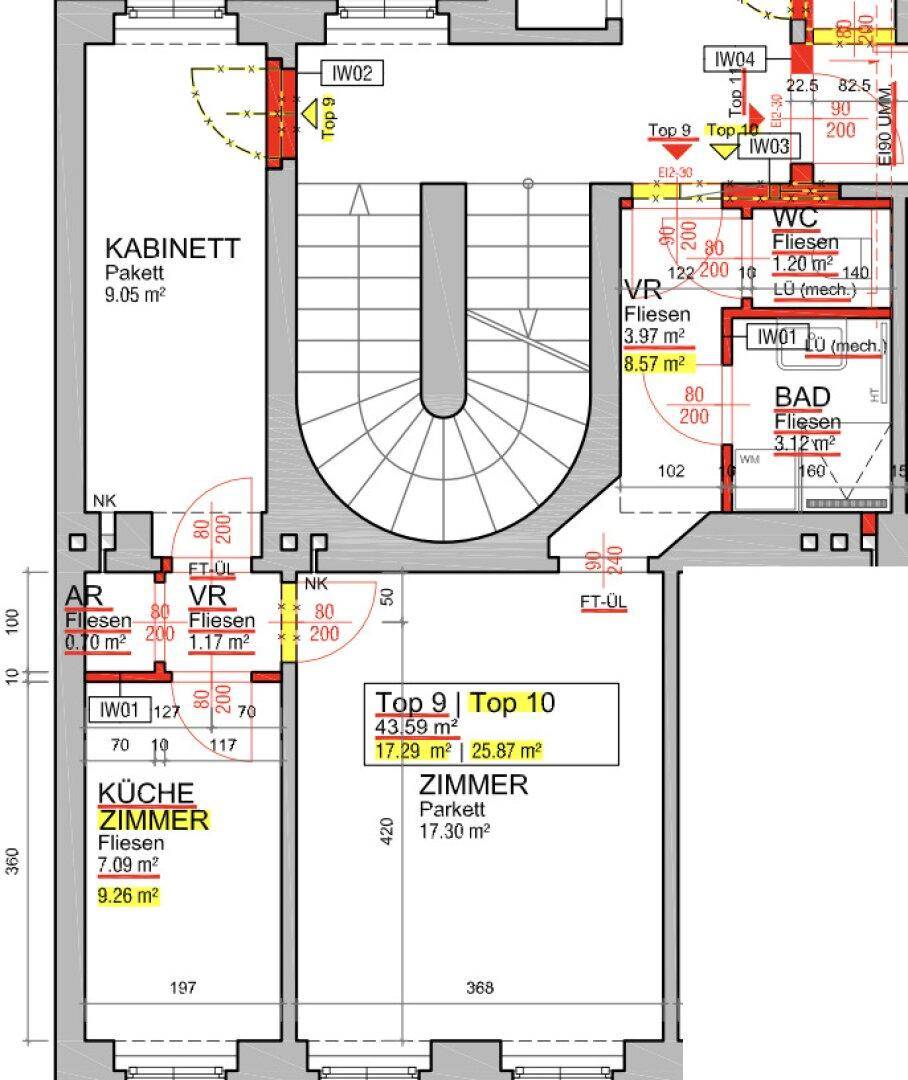 Grundrissplan mit separater Küche, Bad, WC, Büro und einem weiteren Zimmer. Verschiedene Bodenbeläge sind eingezeichnet.
