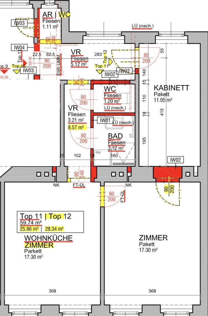 Detaillierter Grundriss einer Wohnung mit offener Wohnküche, Zimmern, Bad und separatem WC.