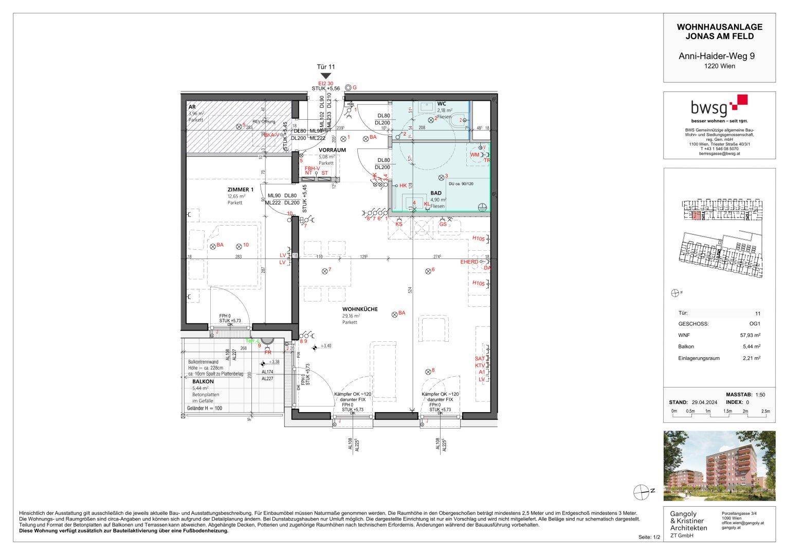 Detaillierter Grundriss einer Wohnung mit Balkon, zwei Zimmern und offenem Wohnbereich.