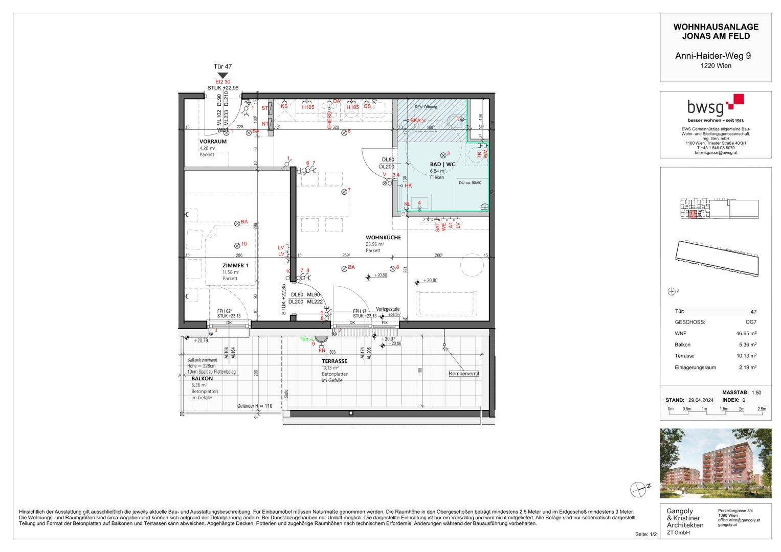 Detaillierter Grundriss einer Wohnung mit Wohnküche, Schlafzimmer und großer Terrasse.