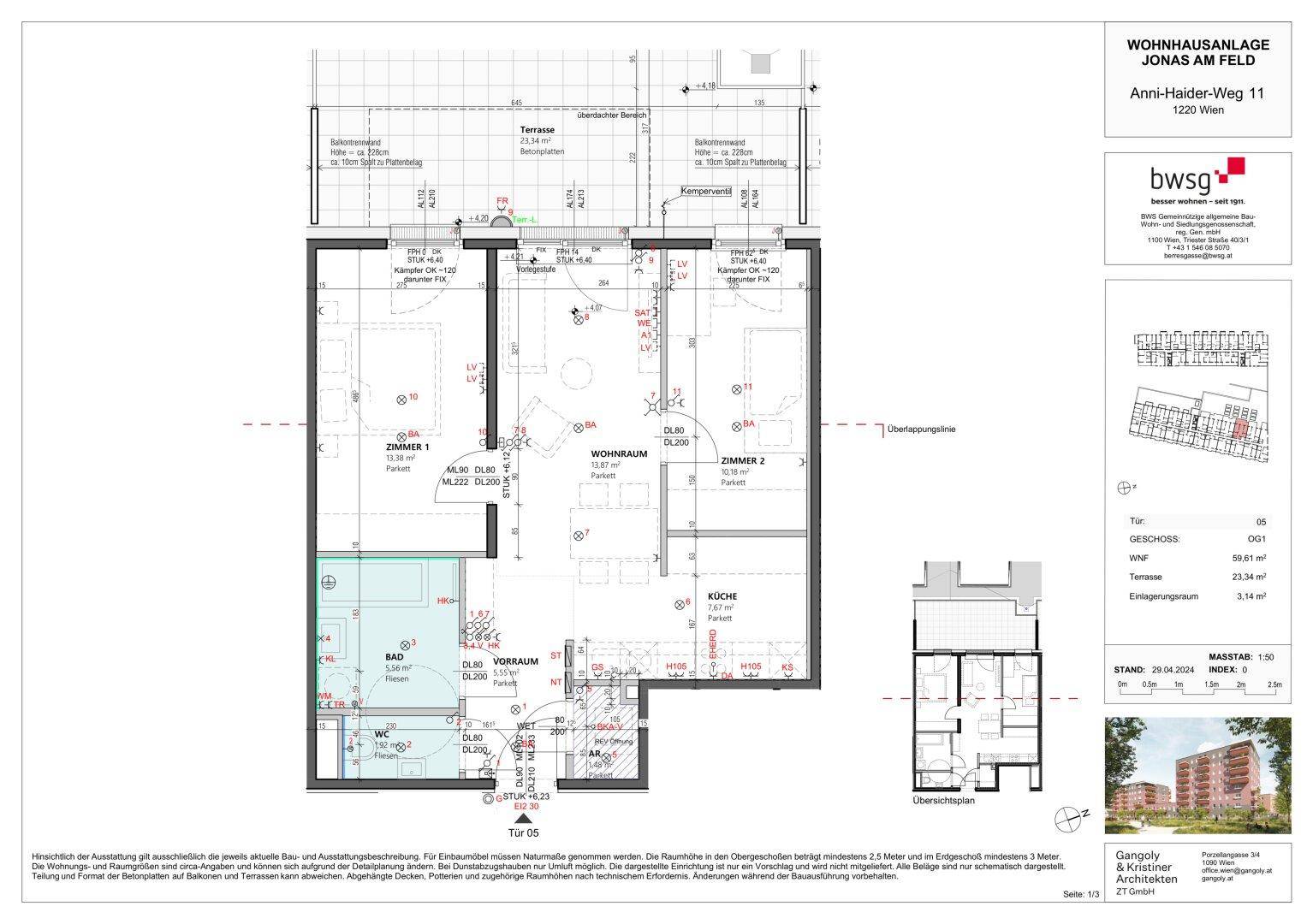 Detaillierter Grundriss einer Wohnung mit drei Zimmern, Bad und Terrasse.