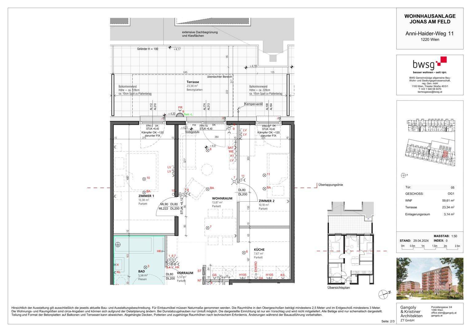 Detaillierter Grundriss einer Wohnung mit drei Zimmern, Bad und Terrasse.