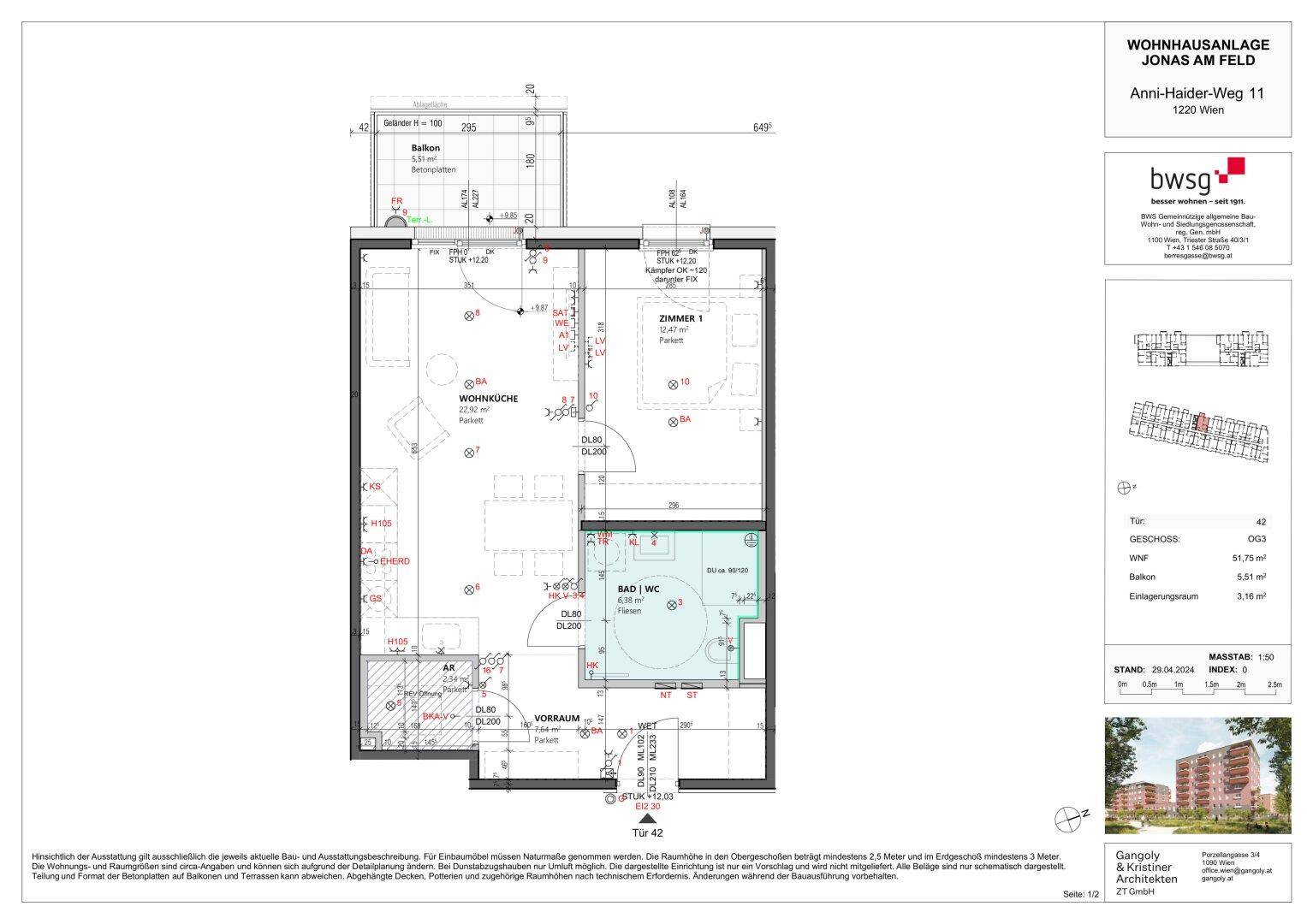 Grundriss einer Wohnung mit Wohnbereich, Schlafzimmer, Bad, WC und Balkon.
