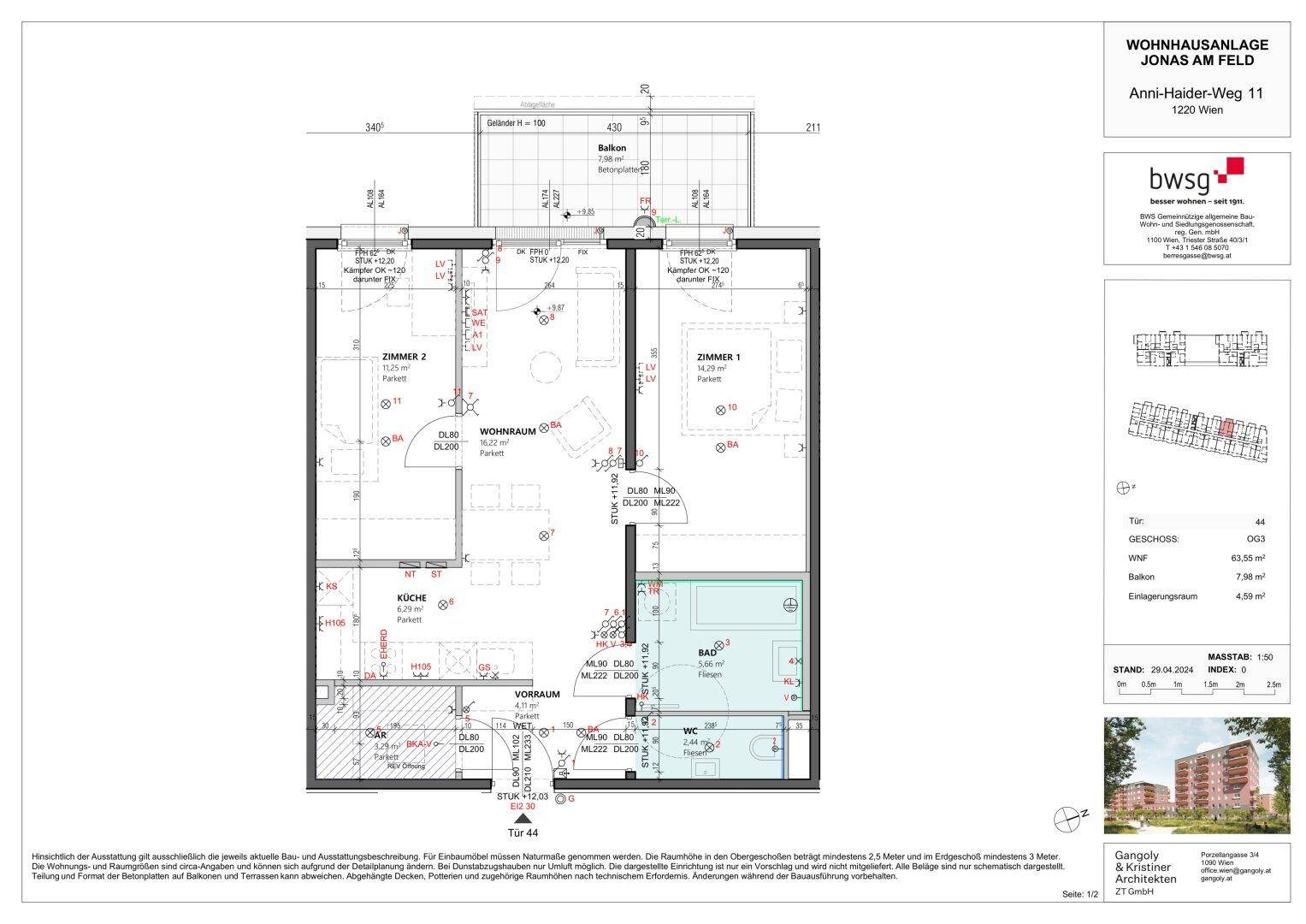 Detaillierter Grundriss einer Wohnung mit zwei Zimmern, Wohnraum, Bad und Balkon.