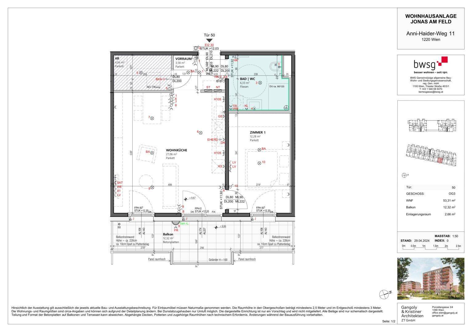 Detaillierter Grundriss einer Wohnung mit Balkon, Schlafzimmer und offenem Wohnbereich.