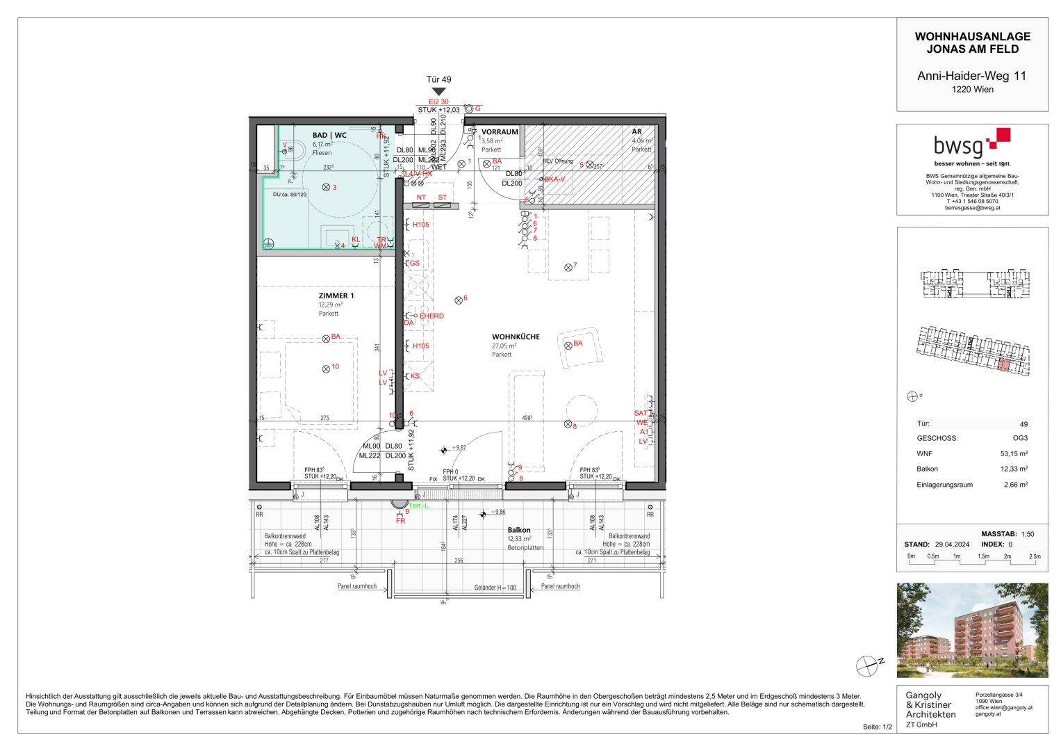 Grundriss einer Wohnung mit Wohnküche, Schlafzimmer und Balkon, inklusive Bemaßungen.