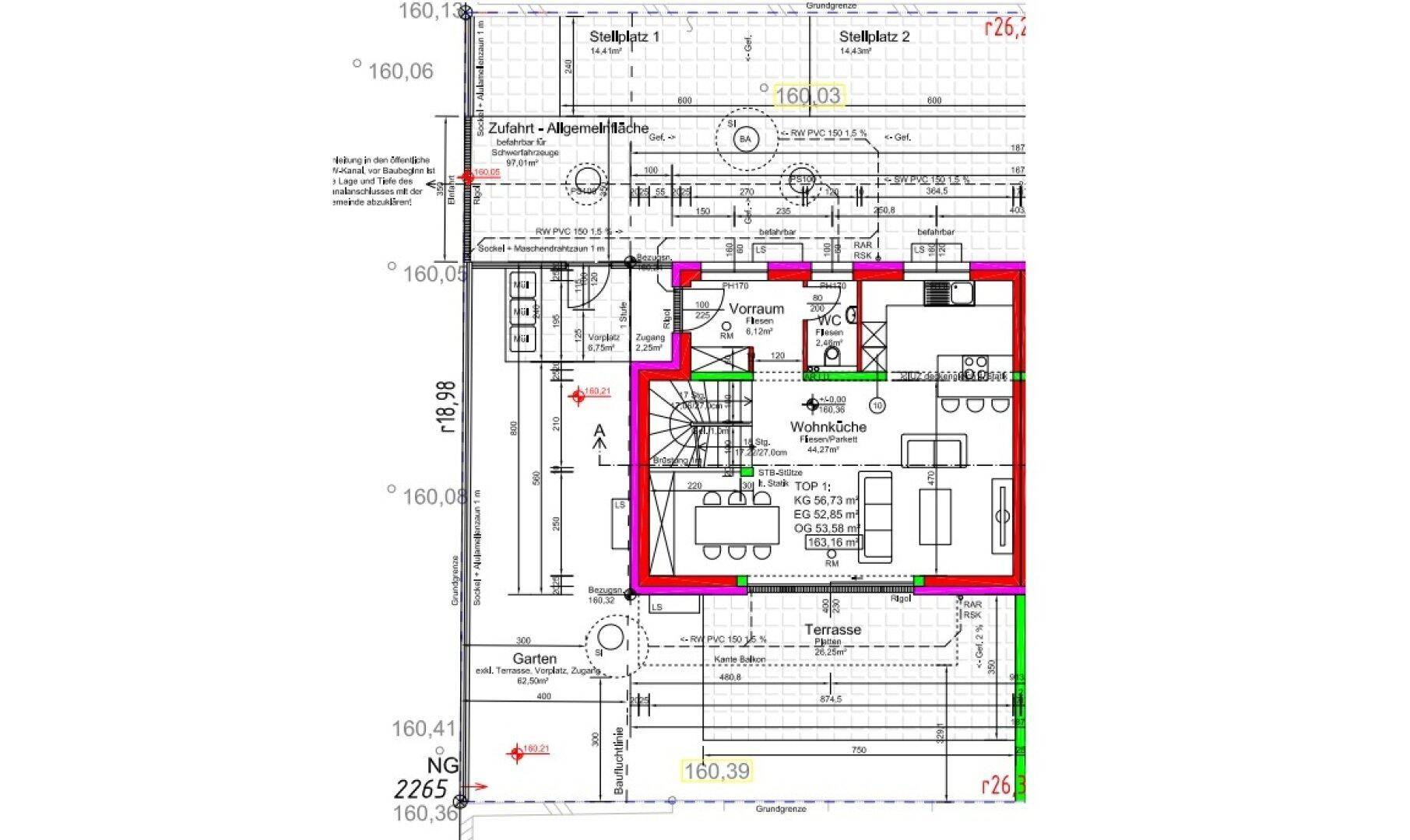 Grundriss des Erdgeschosses mit offener Wohnküche, Vorraum, Gäste-WC, Terrasse und Garten.
