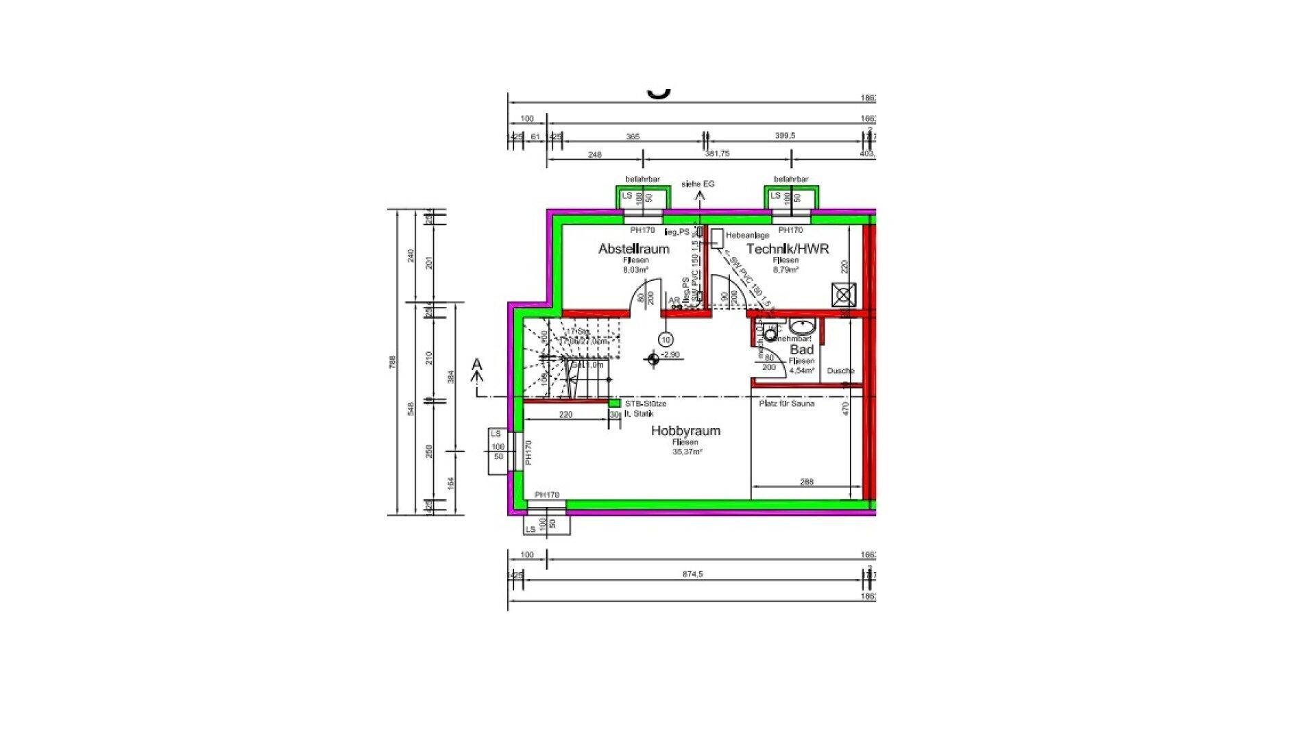 Grundriss des Untergeschosses mit Hobbyraum, Technikraum, Abstellraum und Bad mit Sauna.