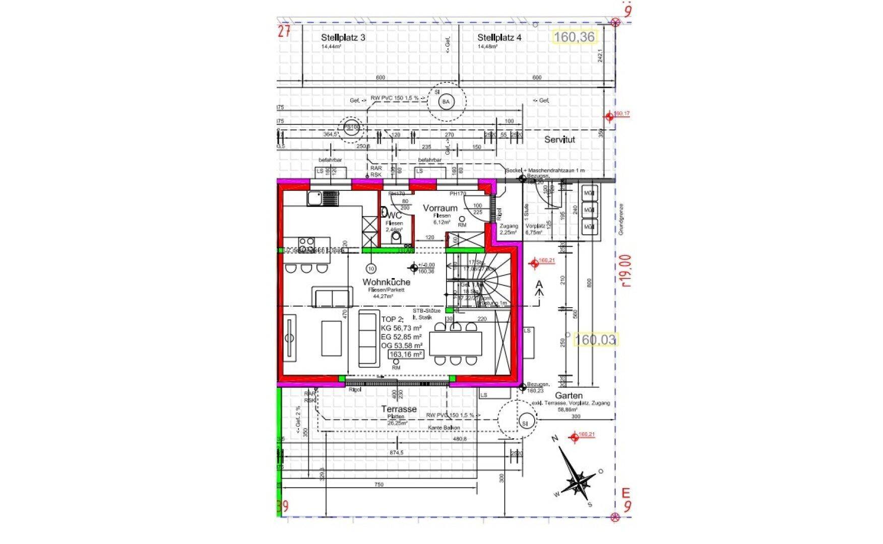 Grundriss des Erdgeschosses mit offener Wohnküche, Vorraum, Gäste-WC, Terrasse und Garten.