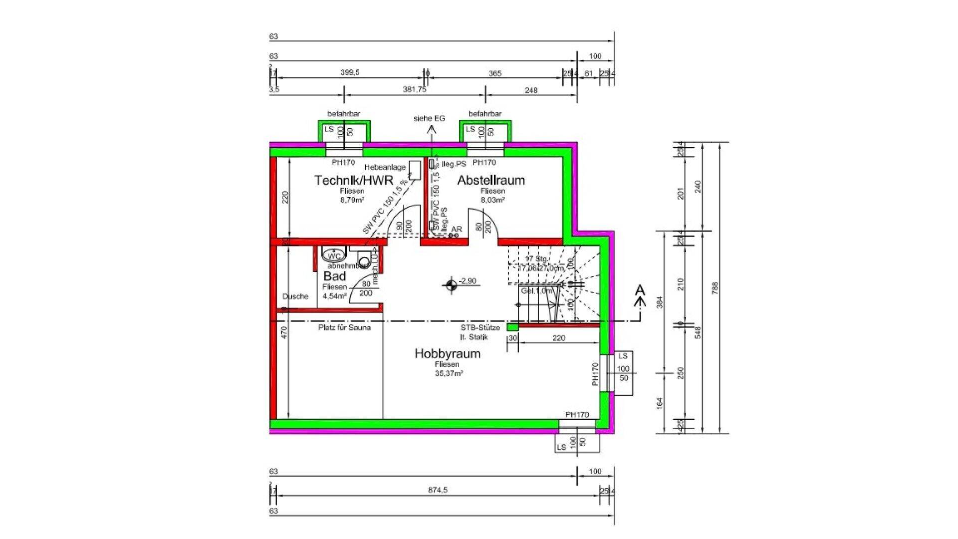 Grundriss des Untergeschosses mit Hobbyraum, Technikraum, Abstellraum und Bad mit Dusche und Sauna.