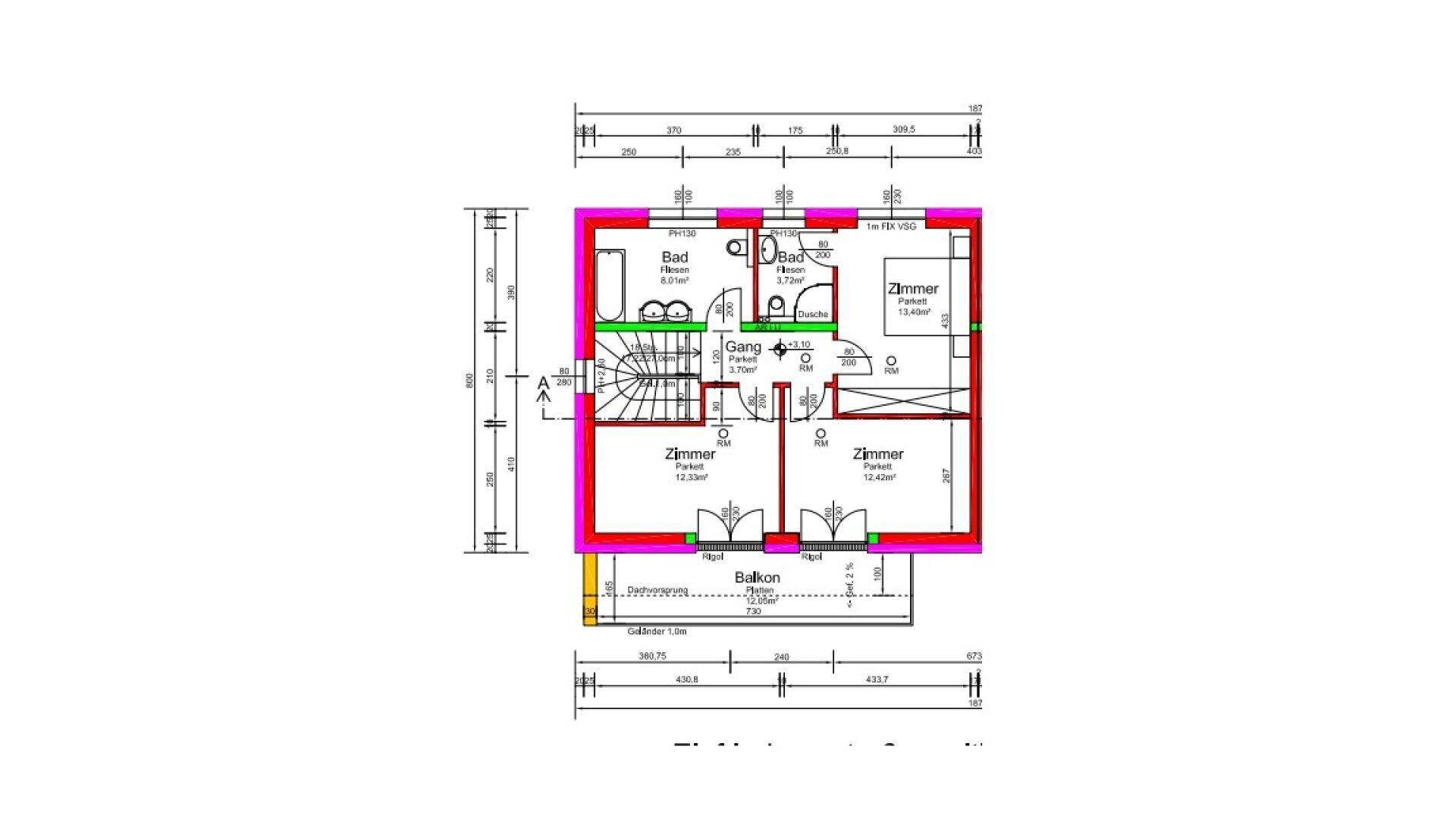 Grundriss des Obergeschosses mit drei Schlafzimmern, zwei Bädern, Flur und Balkon.