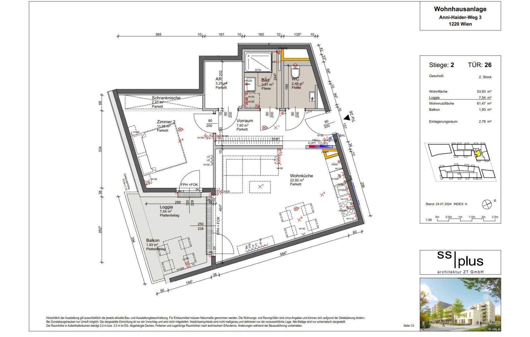 Detaillierter Grundriss einer modernen Wohnung mit offener Wohnküche, Loggia und Balkon.