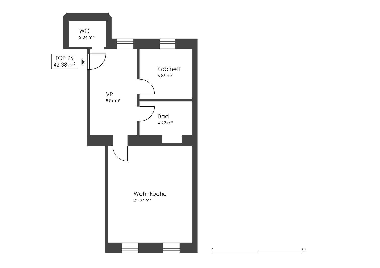 Grundriss einer Wohnung mit Wohnküche, Bad, Kabinett und separatem WC.