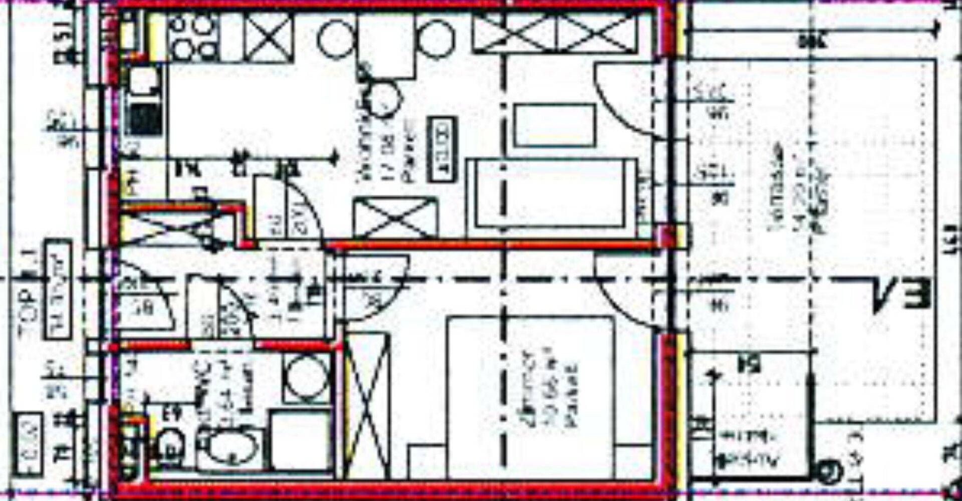 Grundriss einer Wohnung mit mehreren Zimmern, Bad und Terrasse.