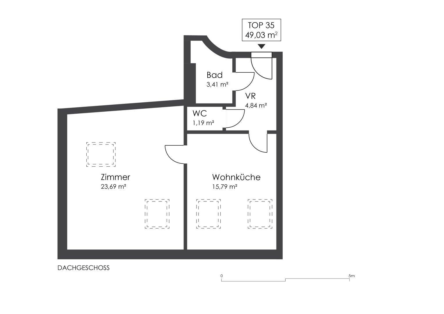 Grundriss des Dachgeschosses mit Wohnküche, Zimmer, Bad und separatem WC auf 49,03 m².