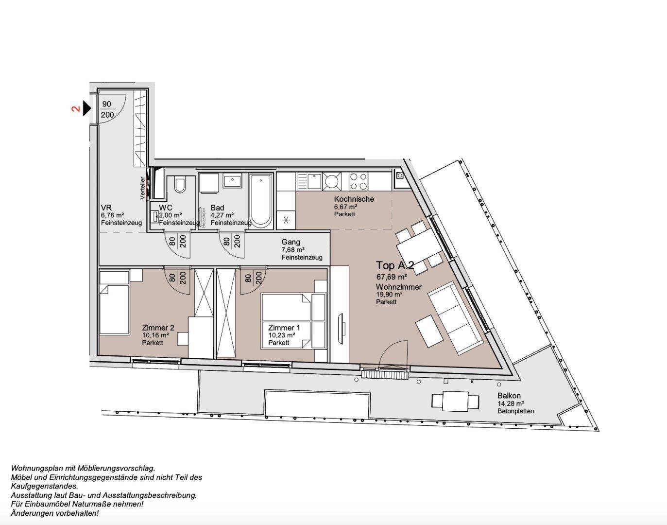 Grundriss einer Wohnung mit zwei Schlafzimmern, offener Kochnische und Balkon.