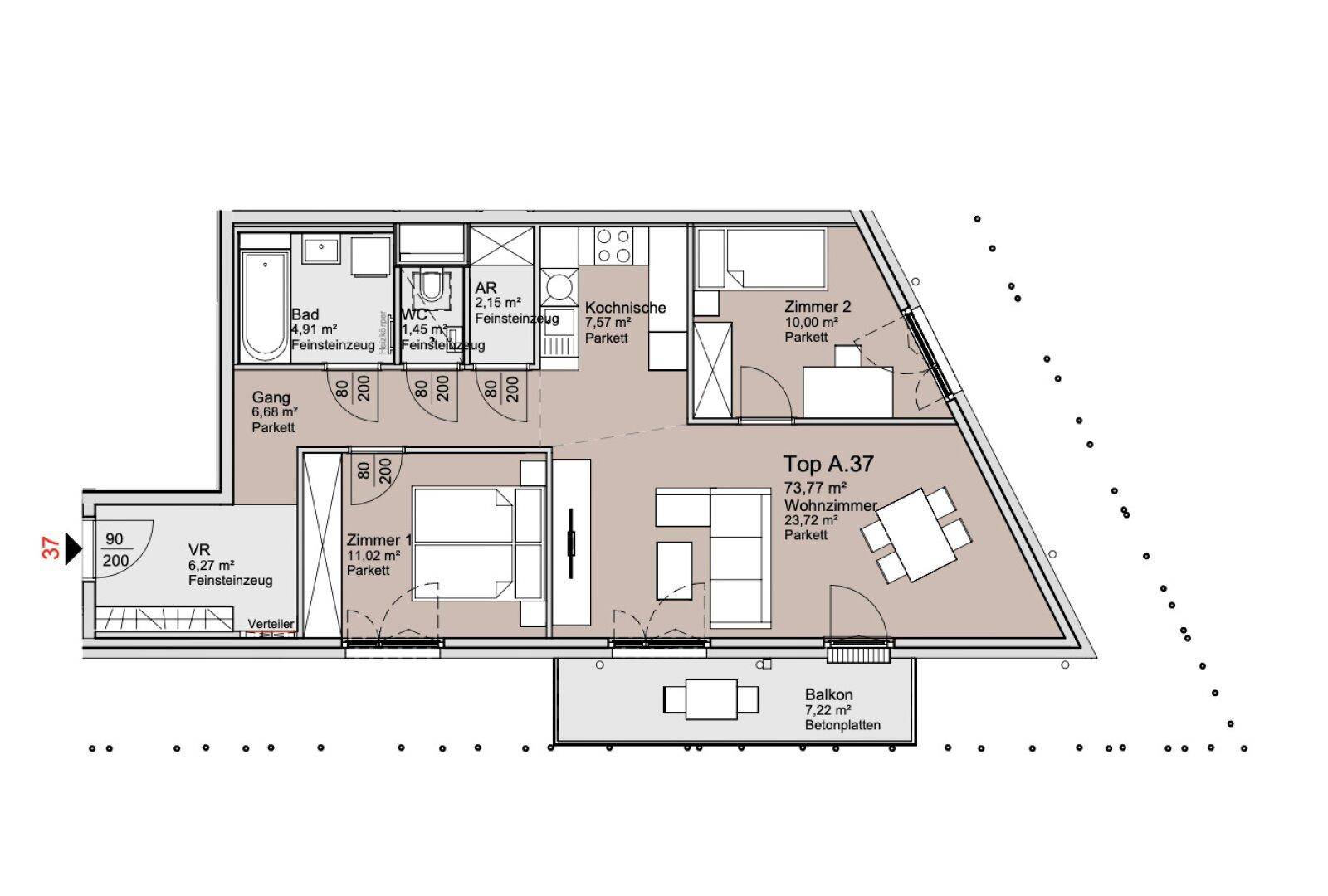 Detaillierter Grundriss einer Wohnung mit zwei Schlafzimmern, offener Kochnische und einem Balkon.