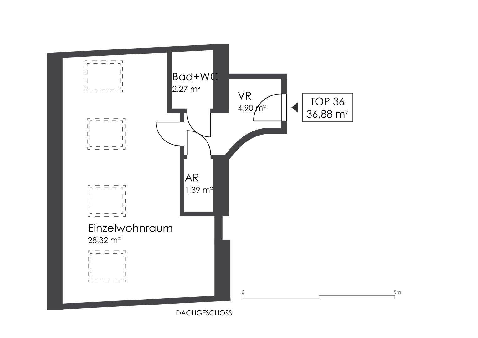 Grundrissplan einer Dachgeschosswohnung mit Bad, Vorraum und großem Einzelwohnraum.
