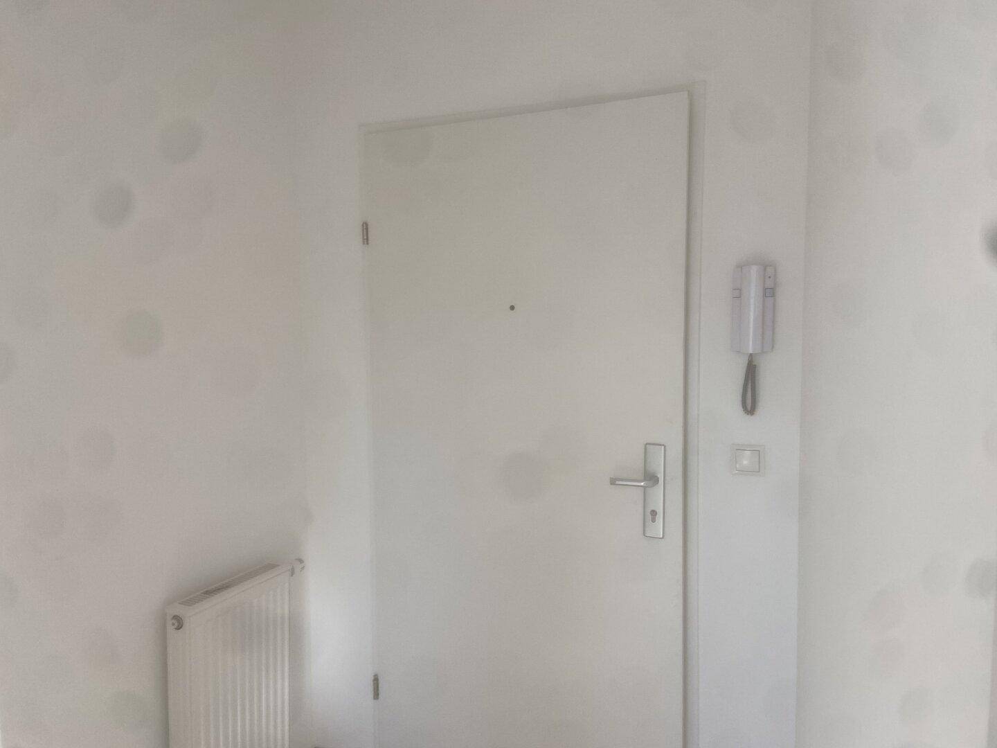 Heller Eingangsbereich mit weißer Wohnungstür, Gegensprechanlage und Heizkörper.