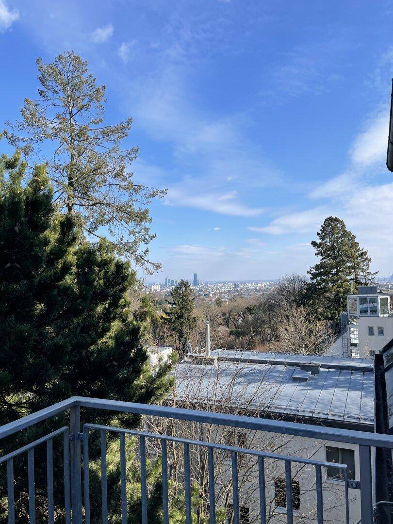 Panoramablick von der Terrasse über die Stadt und die weite Landschaft.