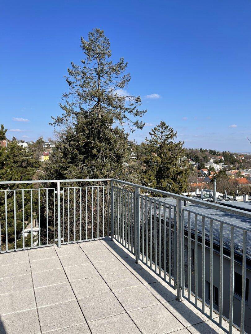 Geräumige Dachterrasse mit Fliesenboden und weitem Blick ins Grüne.
