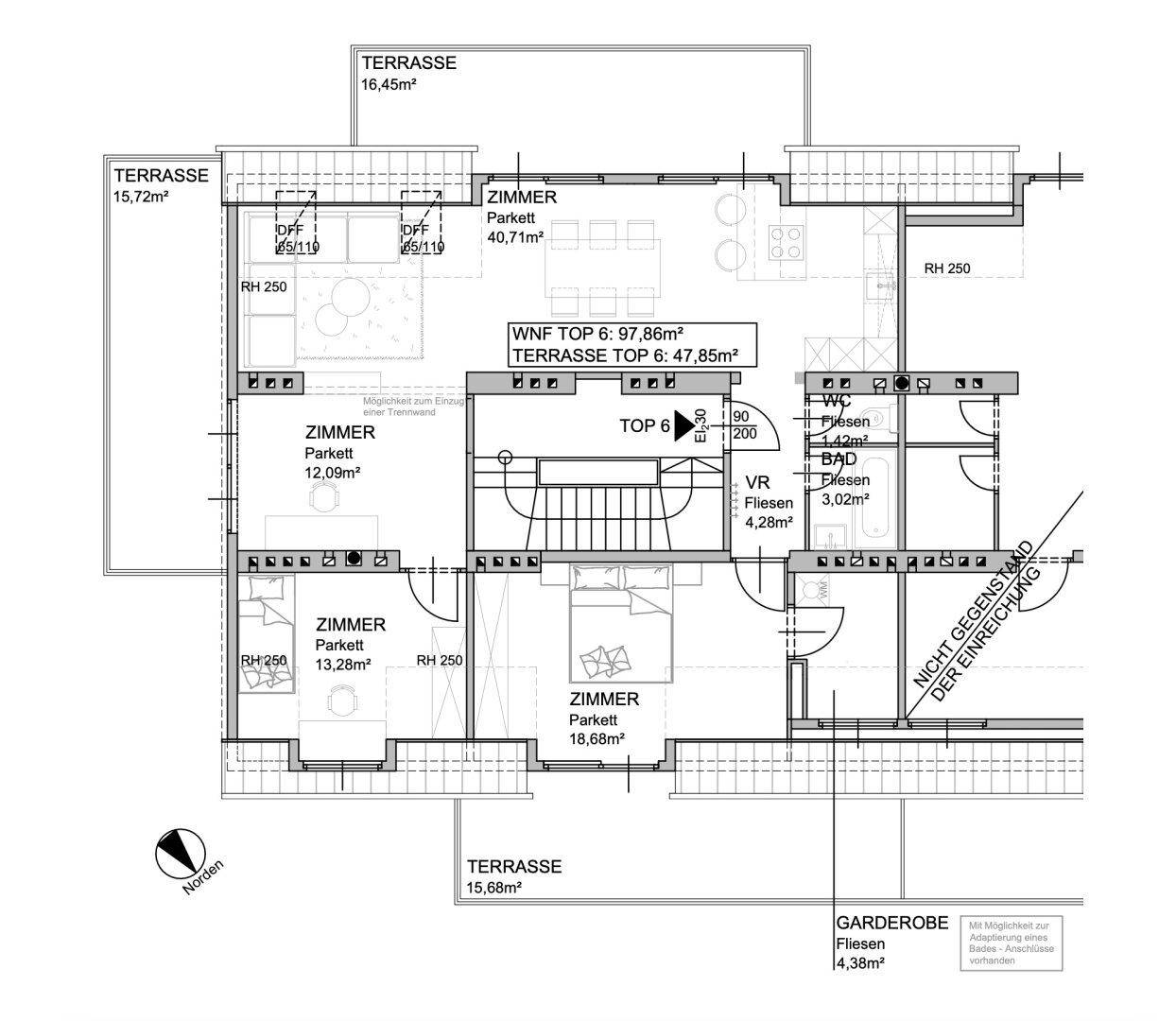 Detaillierter Grundriss der Wohnung mit Terrassen und Zimmeraufteilung.