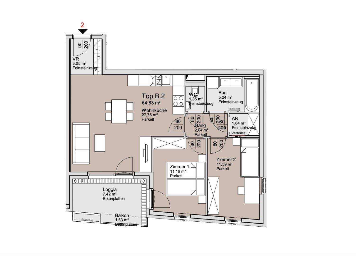 Grundriss einer Wohnung mit Wohnküche, zwei Zimmern, Bad, WC, Loggia und Balkon.