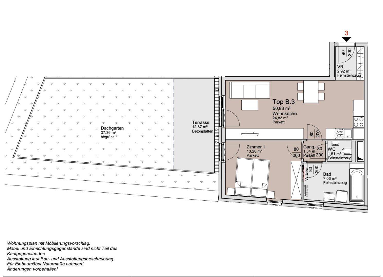 Grundriss einer Wohnung mit Wohnküche, Schlafzimmer, Bad, WC, Terrasse und Dachgarten.