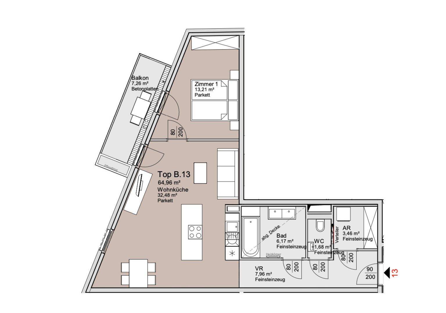 Grundriss der Wohnung Top B.13 mit Wohnküche, Schlafzimmer, Bad und Balkon.