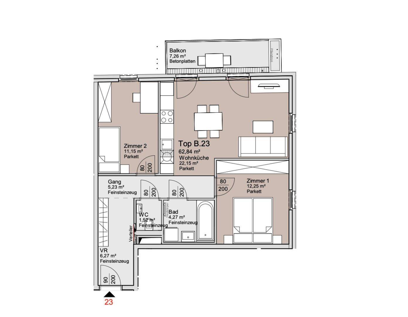 Grundriss der Wohnung Top B.23 mit zwei Zimmern, Wohnküche, Bad, WC und Balkon.