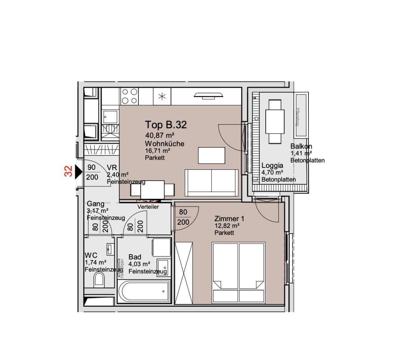 Grundriss einer Wohnung mit Wohnküche, Schlafzimmer, Bad, WC, Balkon und Loggia.