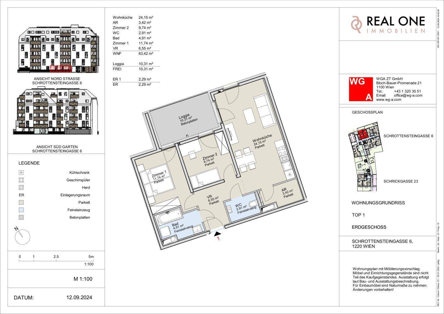 Detaillierter Grundriss einer Wohnung mit Loggia und mehreren Zimmern, inklusive Flächenangaben.