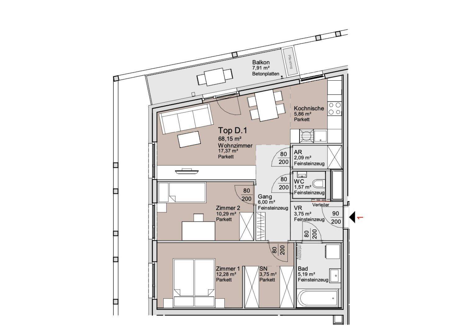 Detaillierter Grundriss einer Wohnung mit Balkon, zwei Schlafzimmern und offenem Wohnbereich.