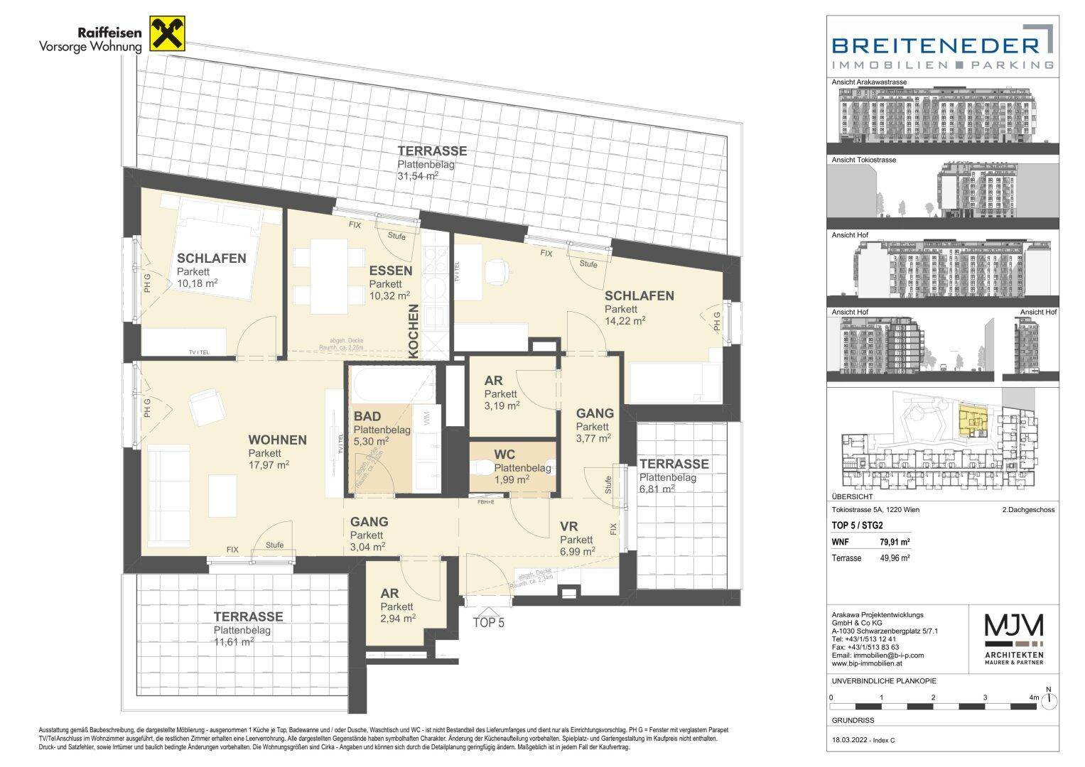 Detaillierter Grundriss einer Wohnung mit drei Schlafzimmern und zwei Terrassen.