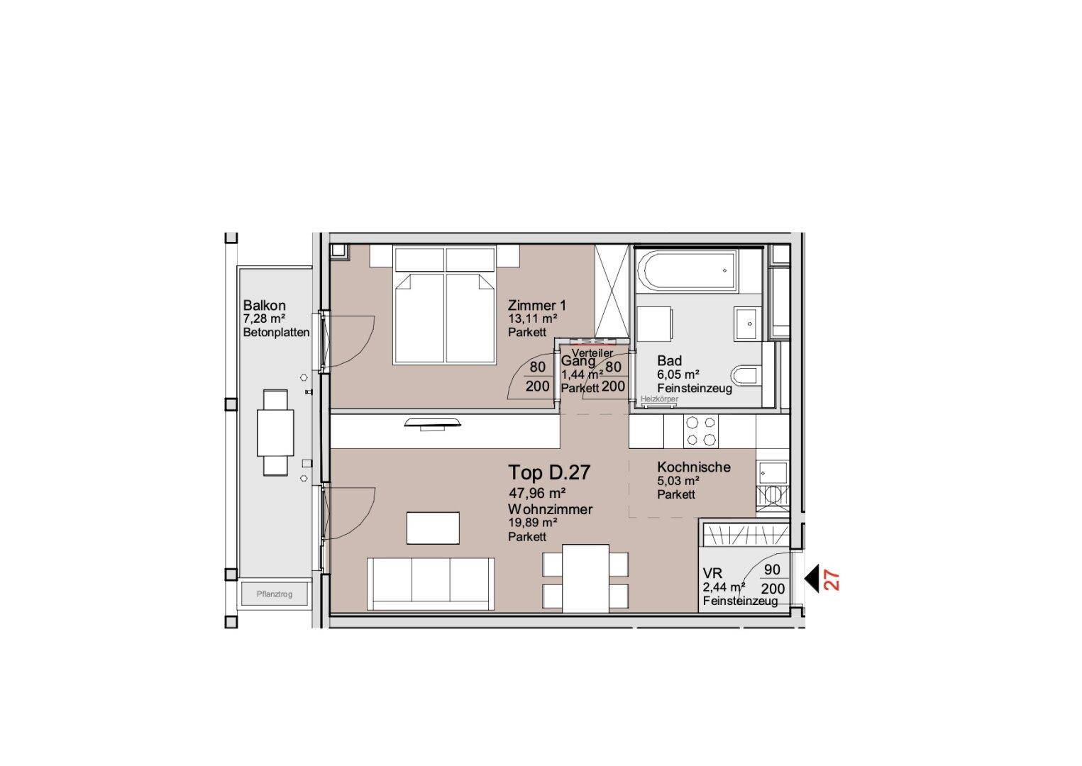 Grundriss einer Wohnung mit Schlafzimmer, Bad, Kochnische, Wohnzimmer und Balkon.