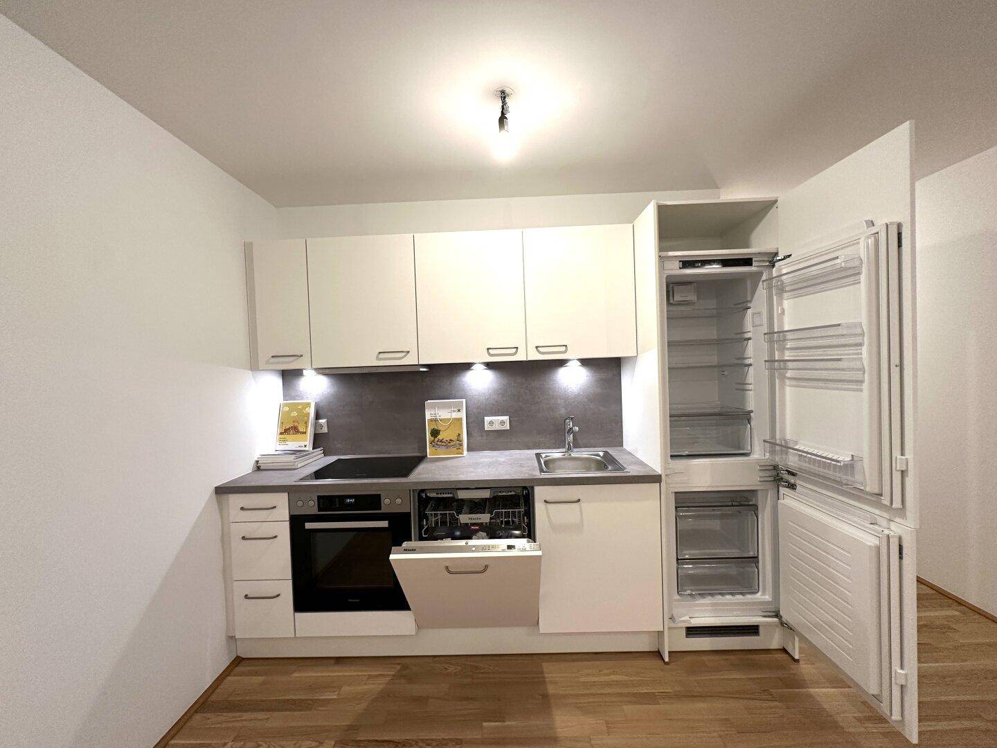 Moderne Einbauküche mit integriertem Kühlschrank, Geschirrspüler und Backofen.