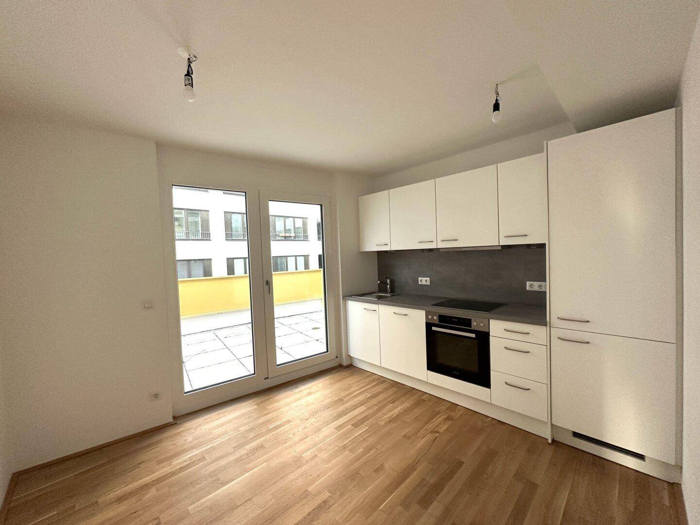 Moderne Einbauküche mit weißen Schränken, Kochfeld und Zugang zur Terrasse.