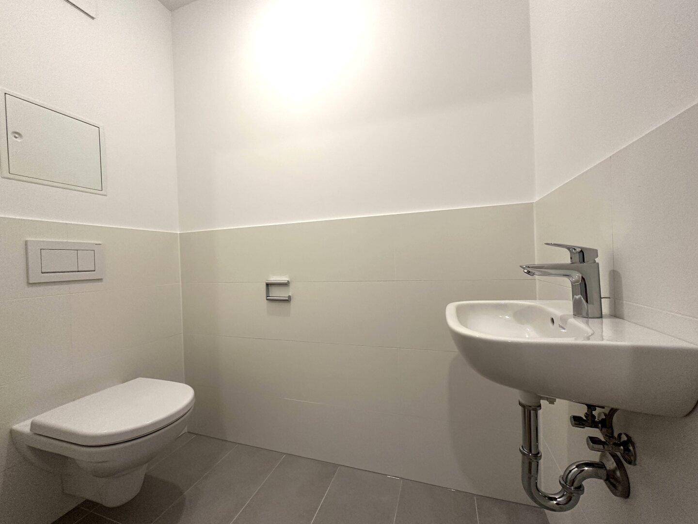 Modernes Gäste-WC mit Wand-WC, Waschbecken und hellen Fliesen an den Wänden.