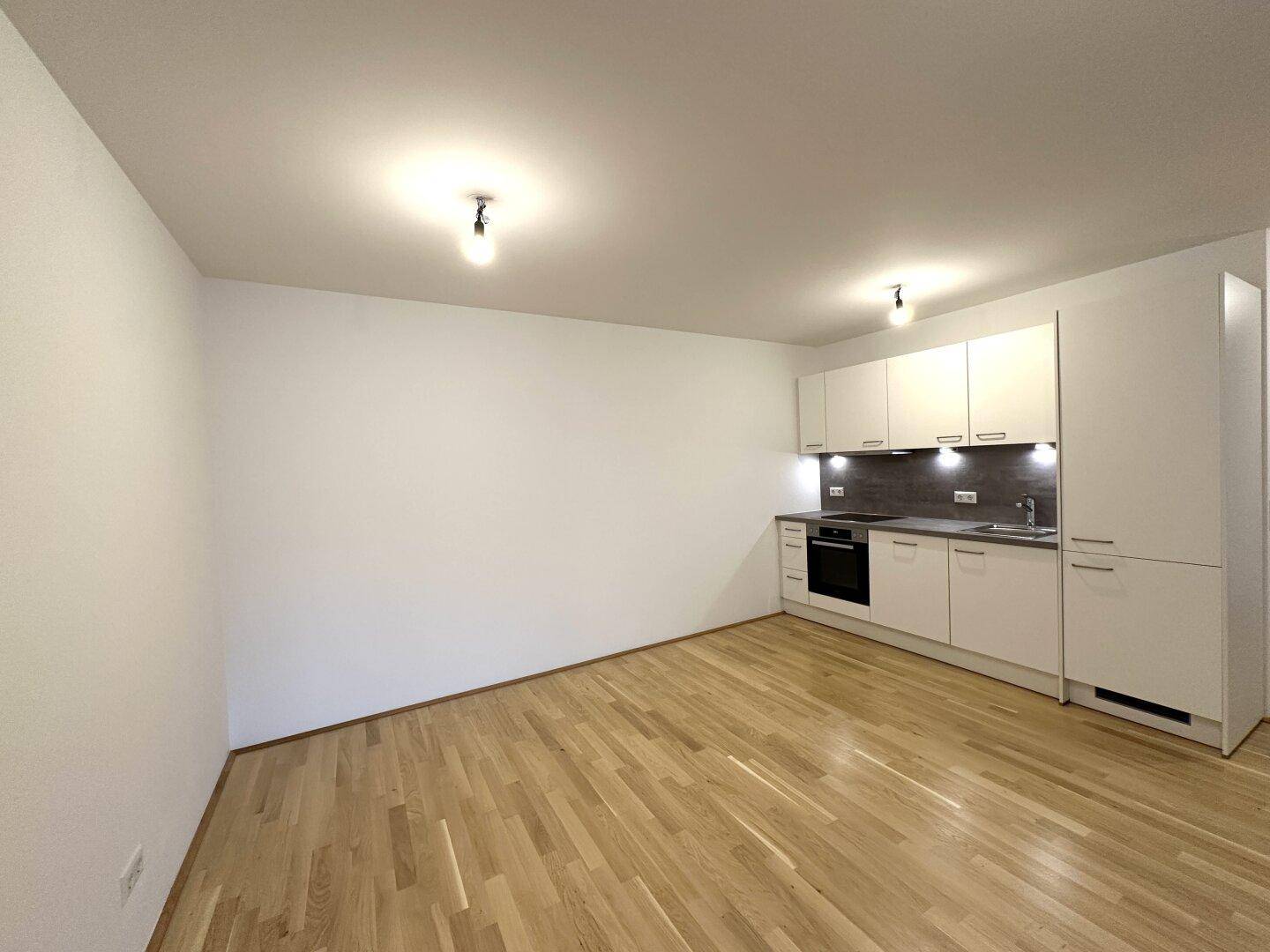 Moderner Wohnbereich mit heller Holzboden und kompakter Einbauküche.