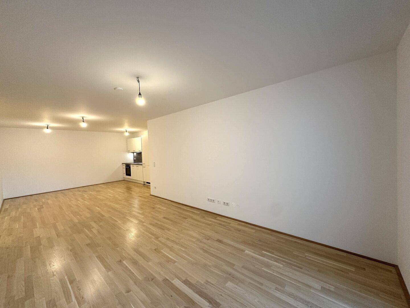 Weitläufiger Wohn- und Essbereich mit integrierter Küchenzeile und Holzboden.