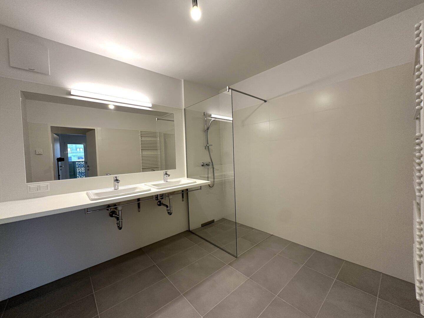 Modernes Badezimmer mit Doppelwaschbecken, großer Spiegelfläche und begehbarer Dusche.