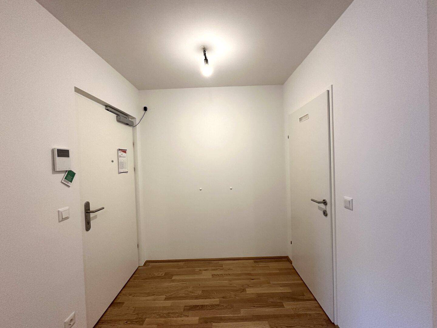 Eingangsbereich der Wohnung mit Parkettboden und Gegensprechanlage.