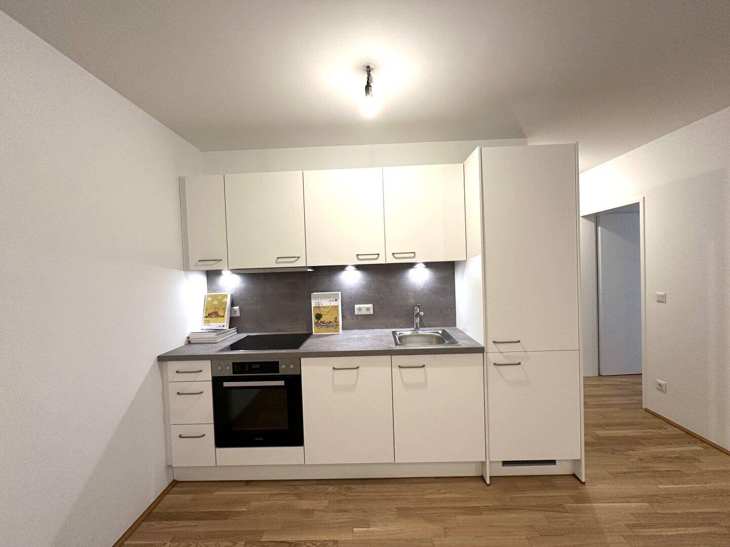 Moderne Einbauküche mit weißen Schränken, integrierten Geräten und Arbeitsplatte.