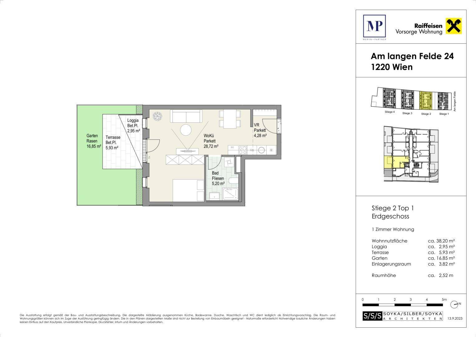 Grundriss einer Erdgeschosswohnung mit Loggia, Terrasse und Garten.