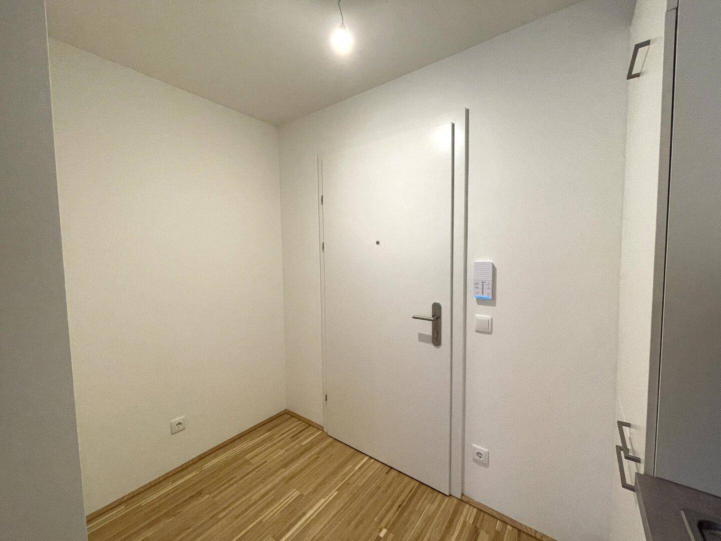 Heller Eingangsbereich mit Parkettboden und moderner Wohnungstür.
