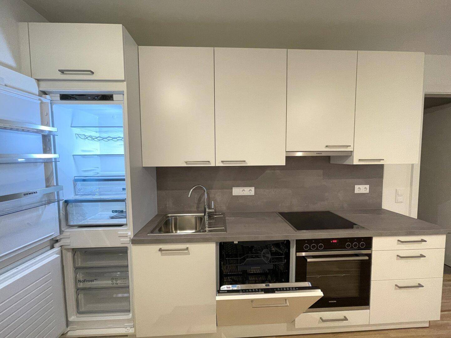 Voll ausgestattete moderne Küche mit Kühlschrank, Geschirrspüler und Induktionskochfeld.