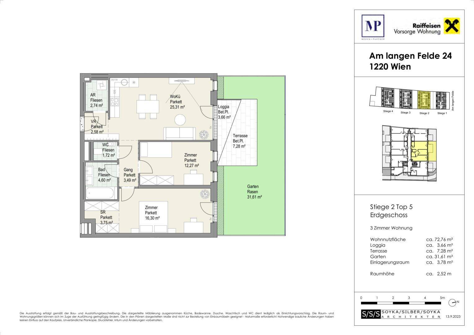 Grundriss der Erdgeschosswohnung mit drei Zimmern, Loggia, Terrasse und Gartenbereich.