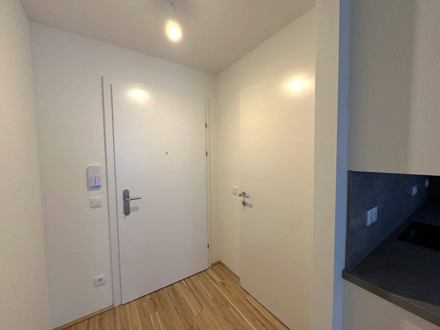 Eingangsbereich mit hellem Parkettboden und weißer Tür, die zu den weiteren Räumen der Wohnung führt.